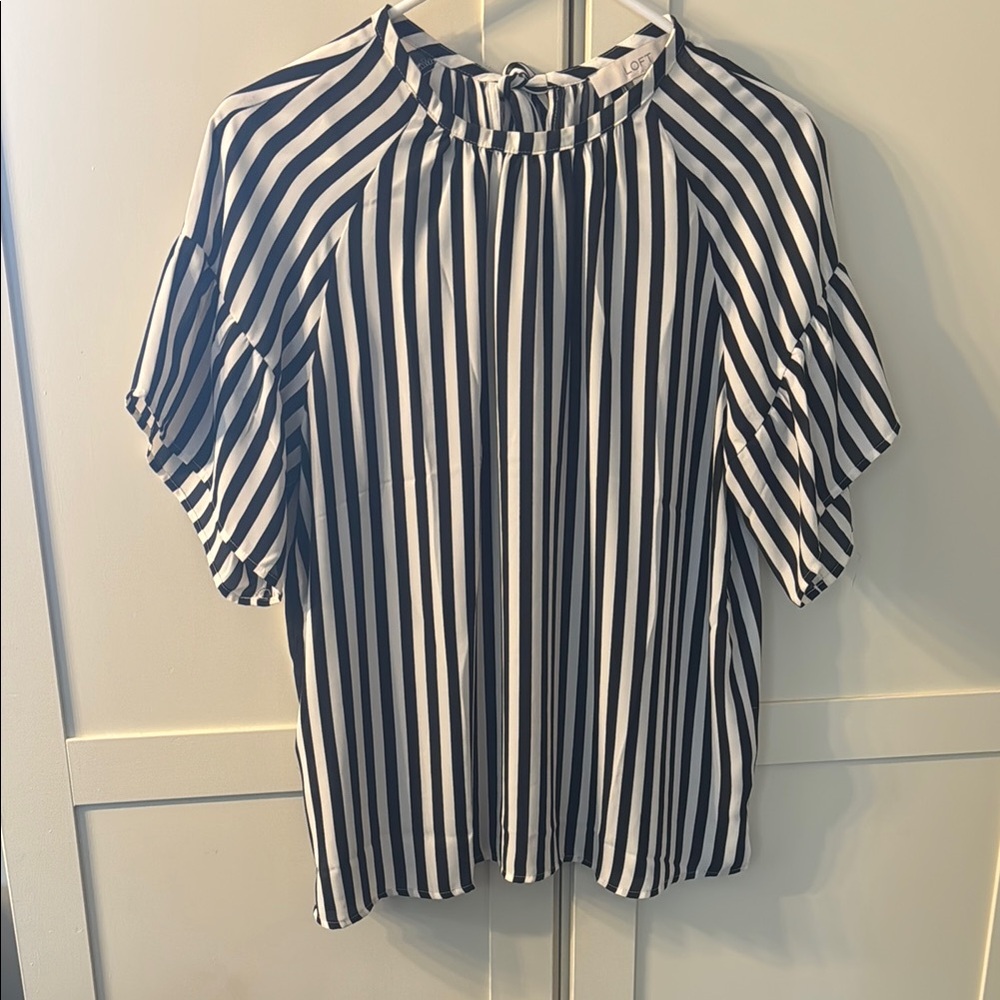 NWOT 
LOFT Black and White Ruffled Blouse with Mandarin Collar